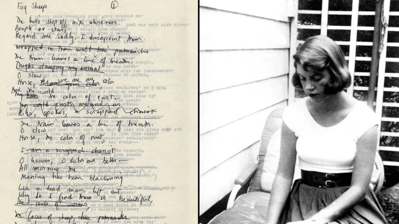 Sylvia Plath reading poems from Ariel backdrop